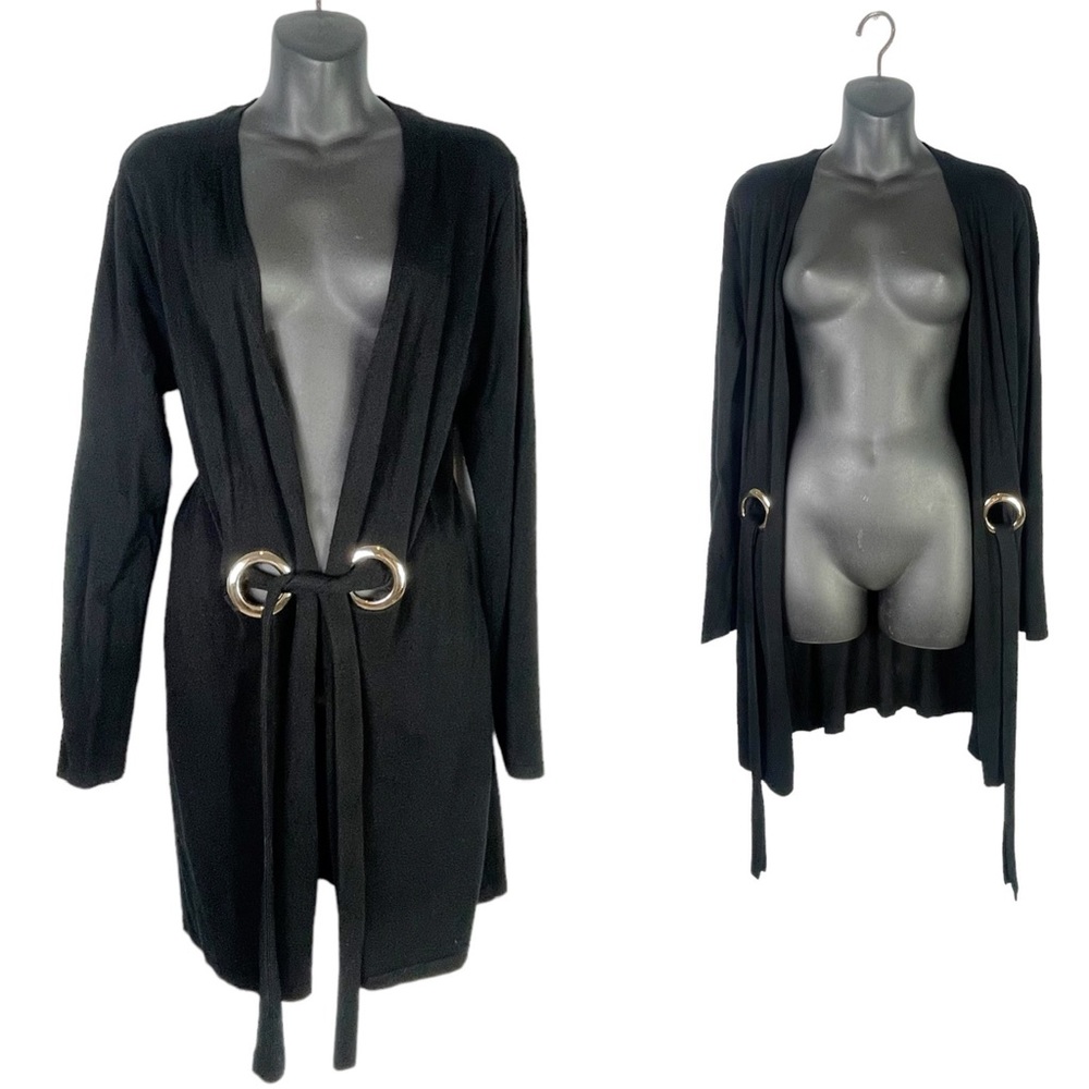 Cocobleu Black Long Cardigan Sweater Stretchy Knit Tie Front Medium Large